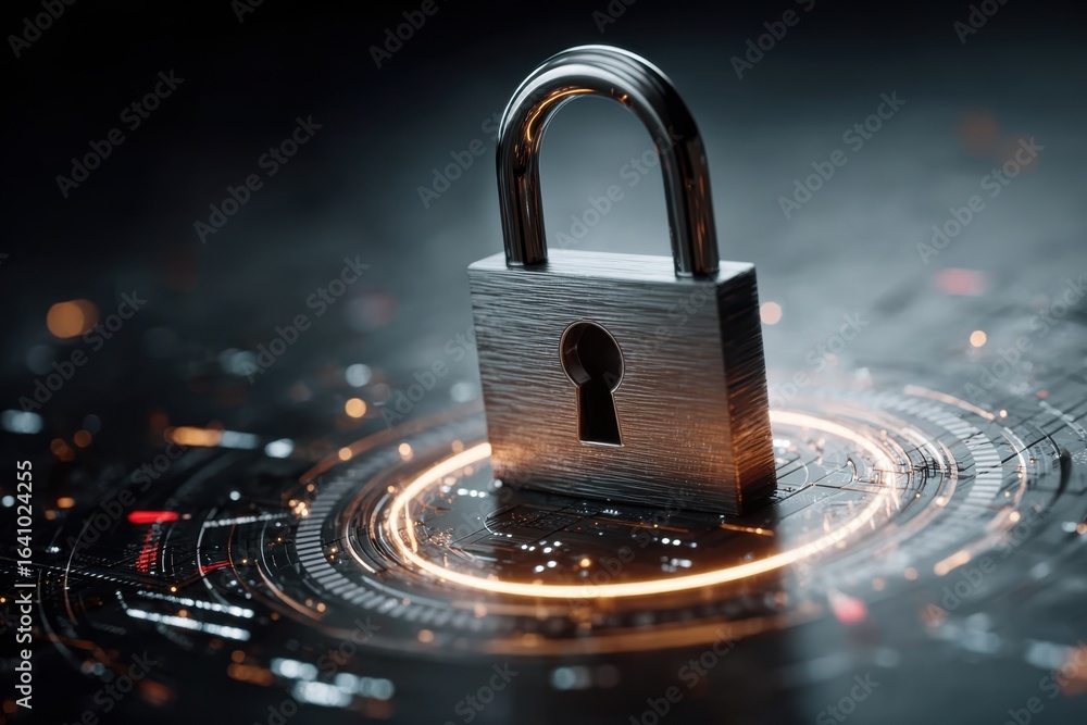 Poster a secure digital padlock resting on a futuristic glowing circuit board.