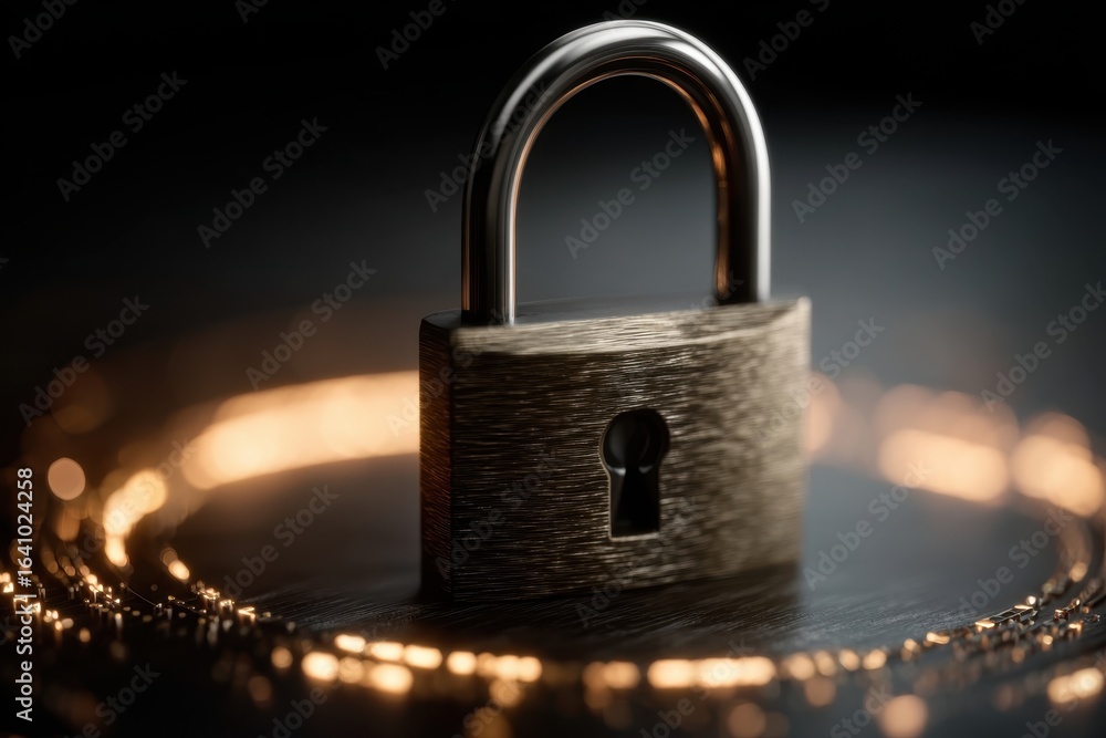Poster cyber security padlock on a futuristic circuit board representing data protection.