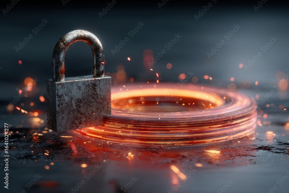 Poster cybersecurity concept: padlock guarding data flow with dynamic glowing energy