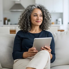 Mature woman relaxing on sofa with tablet