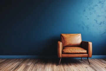 Modern living room with a leather armchair on wood flooring, complemented by a dark blue wall, offering a sophisticated and contemporary atmosphere, Generative AI