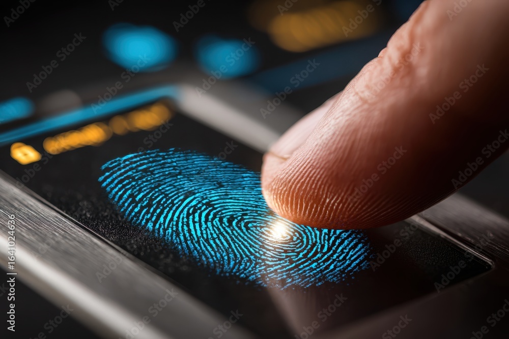 Poster fingerprint scanning for secure biometric identification and digital access control.