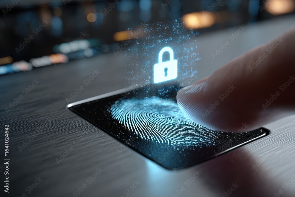 Poster biometric authentication unlocking digital data with glowing fingerprint scan.