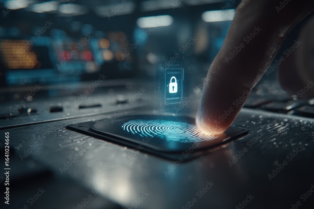 Poster finger activating biometric scanner for secure digital access and data privacy.