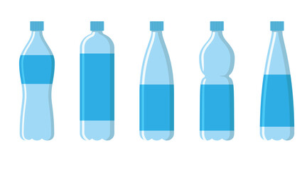 Collection of flat plastic water bottles of various shapes. Vector illustration isolated on white background