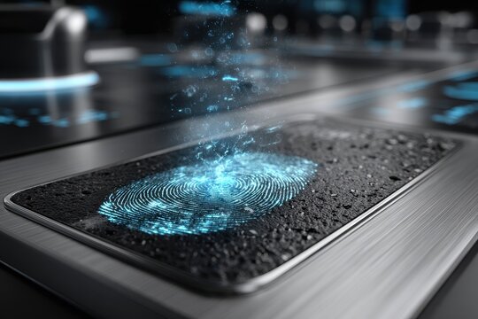 Futuristic biometric fingerprint scanner with glowing blue digital data