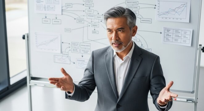 Engaging business presentation by a mature Asian businessman discussing strategy