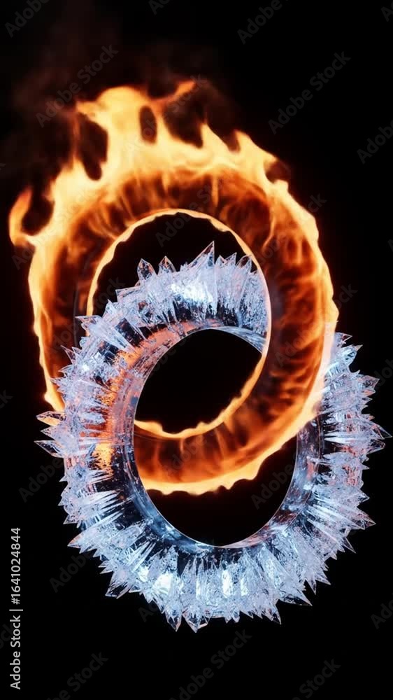 Poster dynamic interplay of fire and ice in swirling rings against a dark background creates an evocative s