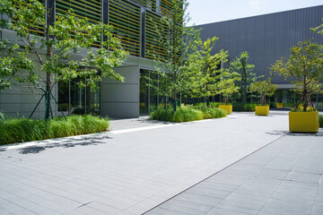 empty brick ground with modern building