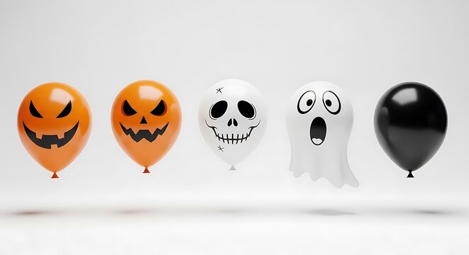 Halloween balloons with jack-o'-lantern, skull, and ghost faces for spooky party decoration - Powered by Adobe