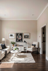 A chic and eclectic living room featuring a stylish gallery wall, a comfortable sofa, and a mix of modern and vintage elements for a personalized, cozy atmosphere.
