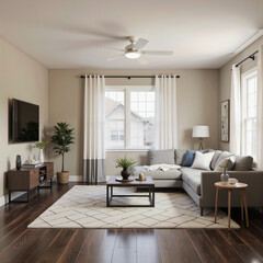 Fototapeta premium A bright and comfortable transitional living room featuring a large sectional sofa, a chic industrial-style coffee table, and a cozy, inviting family atmosphere. 