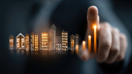 Businessman analyzing digital real estate trends and housing data for investment and market growth