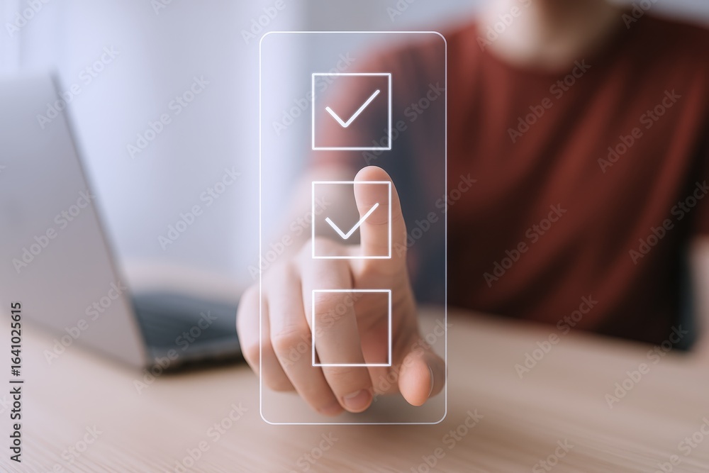 Poster person interacting with a digital checklist on transparent screen displaying task completion and bus