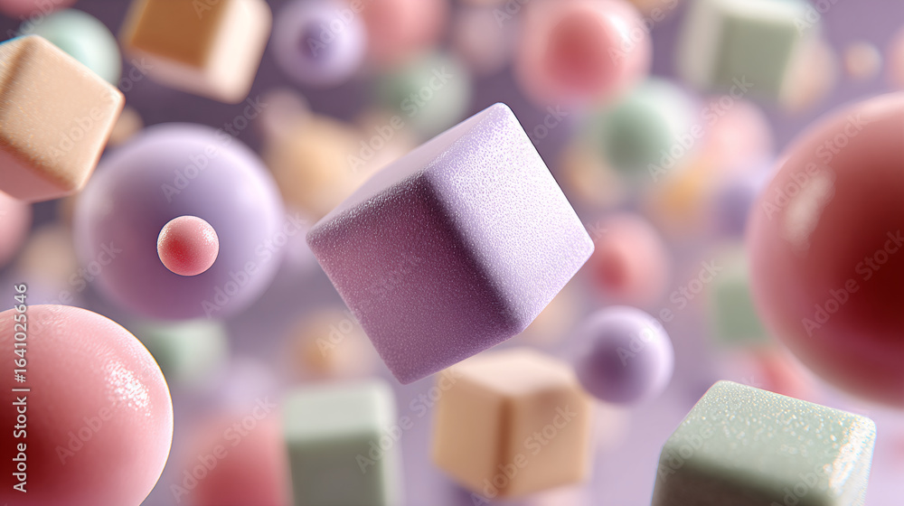Poster abstract geometric shapes floating in space. pink and pastel colored spheres and cubes in dreamy com