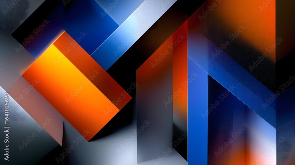 Poster side perspective of floating 3d abstract geometric shapes with bold colors and strong lighting