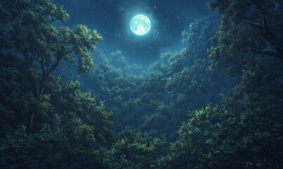Photo of a moonlit forest, viewed from above, with sparse undergrowth creating a delicate and magical atmosphere, Generative AI