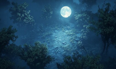 Photo of a moonlit forest, viewed from above, with sparse undergrowth creating a delicate and magical atmosphere, Generative AI