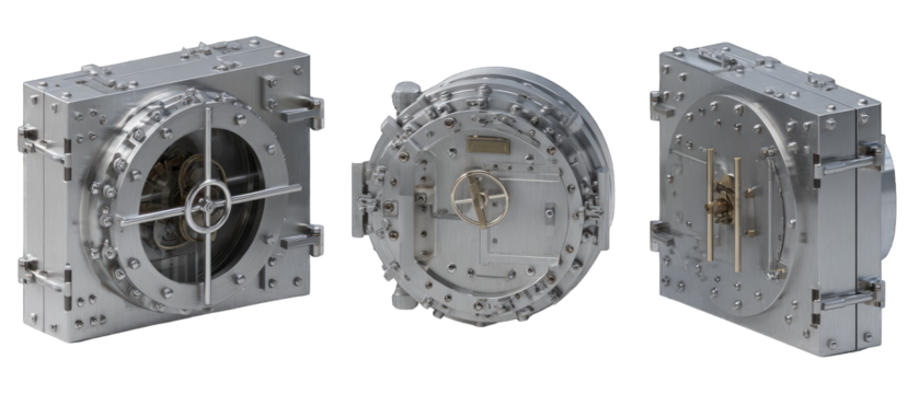 Three metallic security safes with complex circular doors and mechanisms