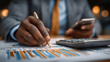 Businessman analyzing financial data with calculator and smartphone