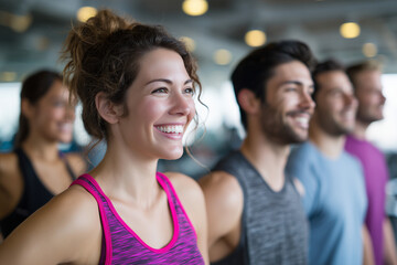 Obraz premium Happy diverse group of young adults enjoying a workout session together in a modern gym