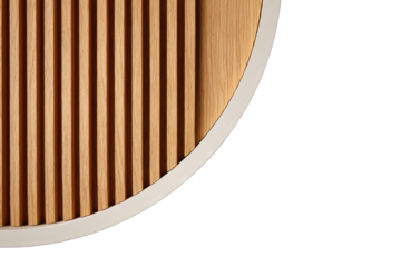 Close-up of a light-brown wooden circular panel with vertical slats, edged with a pale gray ring