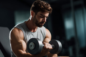 Focused muscular man lifting dumbbell during intense workout session in modern gym environment