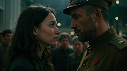 Woman facing soldier in uniform among crowd indoors. Cinematic style. Tension and romance. War drama posters, history blogs, museum events, streaming covers, book jackets, memorial day materials,