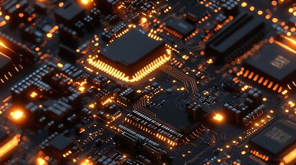 Obraz premium A neon-lit circuit board with intricate golden connections glowing in the dark, showcasing advanced microchip technology.