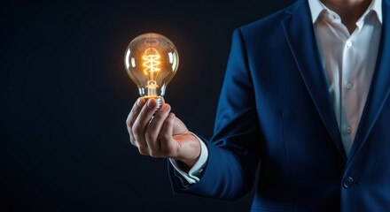 Man in Suit Holding Glowing Light Bulb: Concept of Idea, Innovation and Creativity