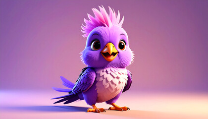 Fototapeta premium Adorable 3D-rendered cartoon cockatiel with vibrant purple, pink, and magenta feathers, big brown eyes, and a happy smile, standing on a soft pastel background.