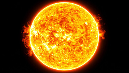 Sun showing swirling plasma patterns, bright yellow-orange surface, and solar flares at the edges against a deep black space background, fiery explosion on fire, sun in space