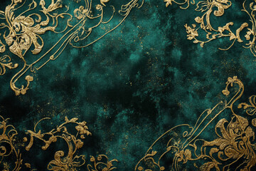 A green background with gold embroidery and a gold border