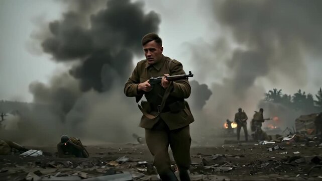 Caucasian infantryman charging across battlefield with blasts around. Gritty combat style. Determination and sacrifice. Memorial day, veteran support, crisis messaging, recruitment, defense briefs