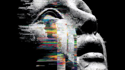 Digital glitch art portrait in monochrome style with colorful distortion effect. Abstract modern artistic concept. Creative contemporary face design for album cover or poster