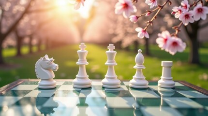 Chess game under cherry blossoms beautiful park photography springtime close-up view strategy and nature