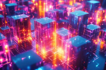Fototapeta premium Futuristic Cityscape Built with Glowing Geometric Cubes in Vibrant Colorful Lights