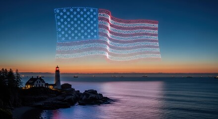 Maritime beacon illuminating twilight skies and american flag drone light show