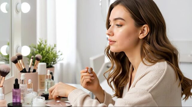 Caucasian woman doing contour with brush at vanity table under lights. Elegant beauty style. Confidence and skincare. Cosmetics sales, tutorials, spa services, dermatology, influencer banners