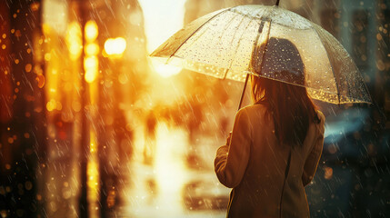 A realistic, dreamlike photo of a nostalgic rainy day in a town city center.