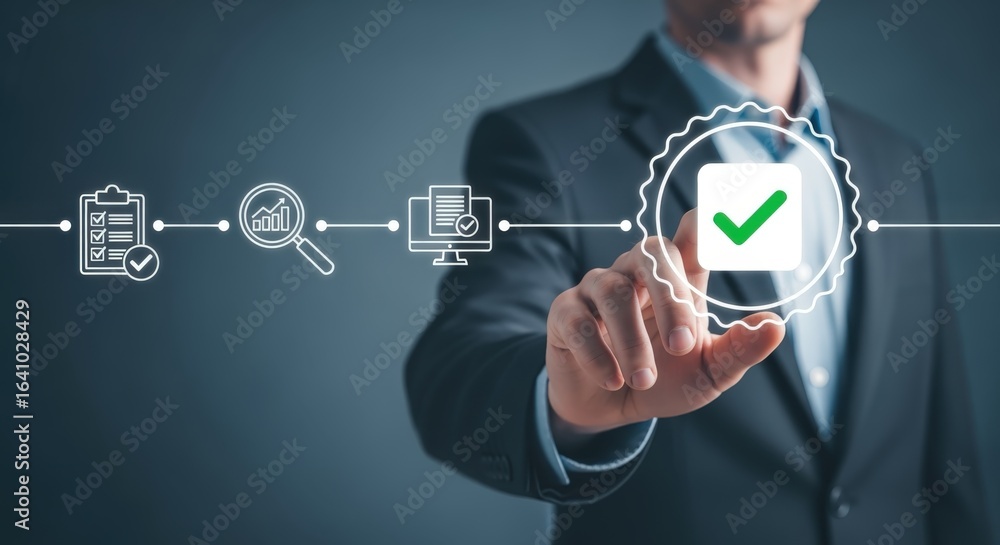 Poster quality assurance process: businessman validating compliance and standards with digital checklist an
