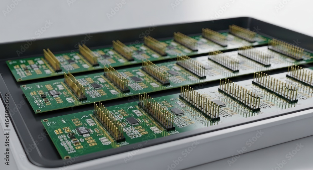 Poster precise array of circuit boards resting on a tray for electronic manufacturing