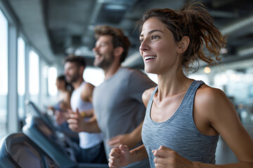 Fototapeta premium Happy young woman running on treadmill in gym with group of people exercising in modern fitness center