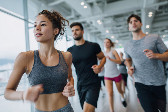 Diverse group of young adults running together in a bright, modern gym, staying active and focused on their fitness goals