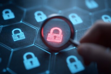 Magnifying Glass Focusing On A Red Lock Icon On A Grid Of Blue Padlocks On A Dark Background