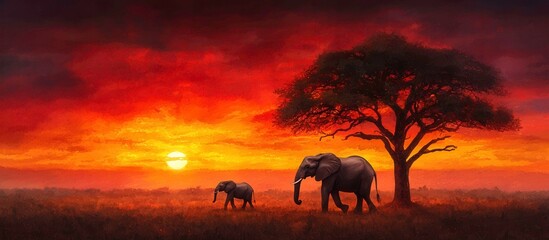 Fototapeta premium Elephants Walking Under a Dramatic Sunset with Vibrant Colors and Silhouetted Tree