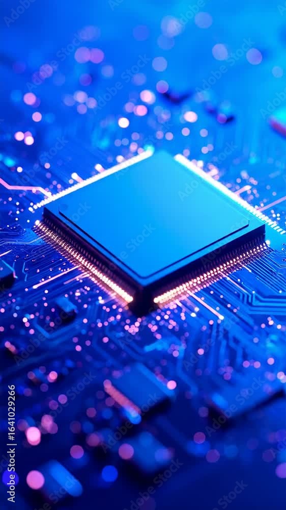 Poster close-up of a blue microchip on a circuit board with pink glowing lights electronics component on a 