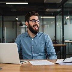 Obraz premium Bearded man in blue shirt working on laptop in modern office