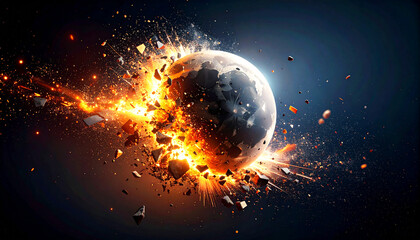 Fototapeta premium Cosmic moon shattering into fiery fragments and dust in deep space, with glowing debris and dramatic explosion lighting, representing destruction, cosmic energy, and astronomical impact