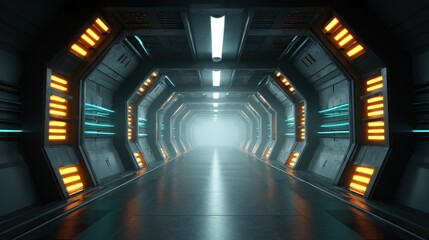 Fototapeta premium Futuristic Interior Tunnel with Neon Lights and Metallic Walls for Sci-Fi or Technology Concepts